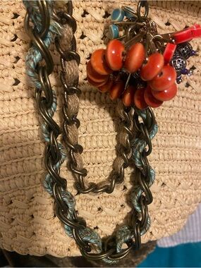 Anthropologie Ceramic Floral Charm and Textile Chain Link Necklace.